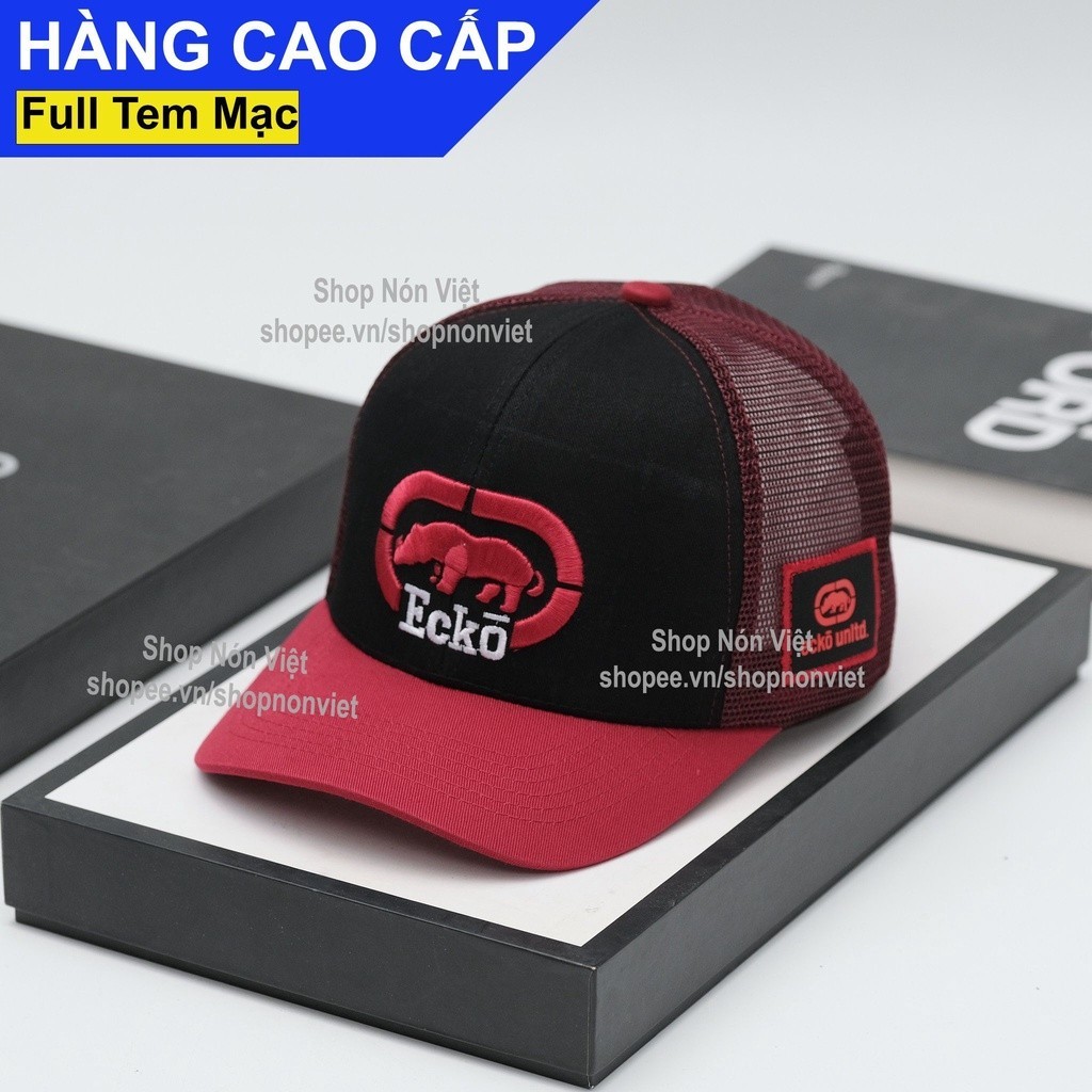 [A175]Mũ Lưỡi Trai Nón Kết Thêu Ecko Logo Đỏ Thoáng Mát Vải Kaki Cotton Đen Phối Lưới Đỏ Form Đứng /