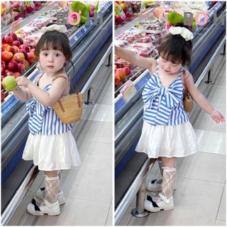 ✨mailinhkid✨setkid049- set áo bé gái 2 dây kẻ xanh đính nơ chân váy trắng