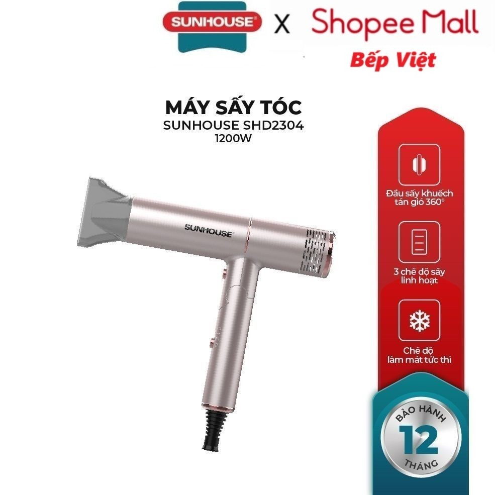 Máy sấy tóc Sunhouse SHD2304 - Công suất 1200W - 2 chế độ nhiệt, 1 chế độ gió mát - Tay cầm có thể gấp gọn