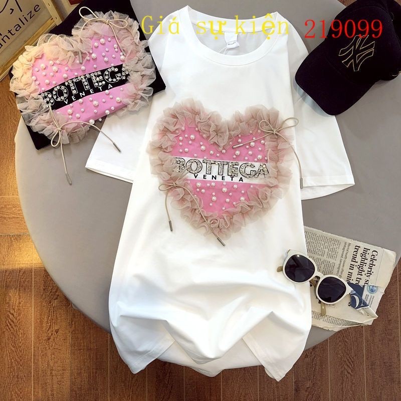 Áo Thun Cotton Nguyên Chất Phối Ren In Họa Tiết Hoạt Hình Trái Tim