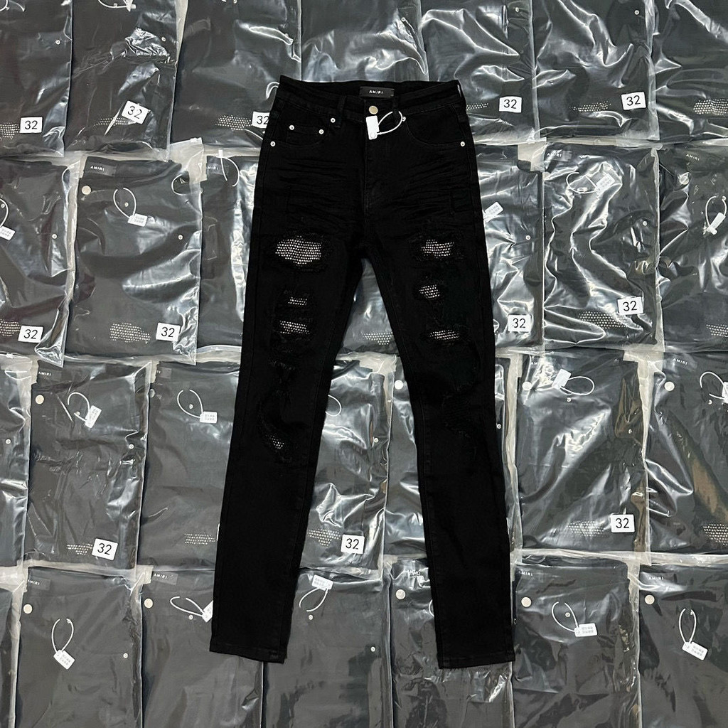 CDZE AMIRI Black Rhinestone Studded Pants Straight Slim WashedvtgRipped Jeans