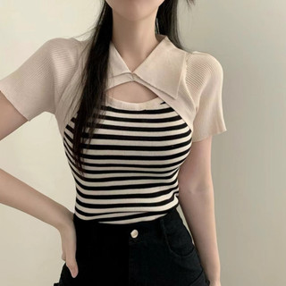 Ccvn Hàn Quốc Áo cổ áo dệt kim sọc ngắn tay giả hai mảnh