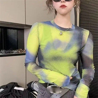 Milyfashion Summer Thin Mesh Ice Silk Sun ProtectionTT-shirt Women's Long-Sleeved Bottoming Shirt Tie-Dyed All-Matching Sexy Top