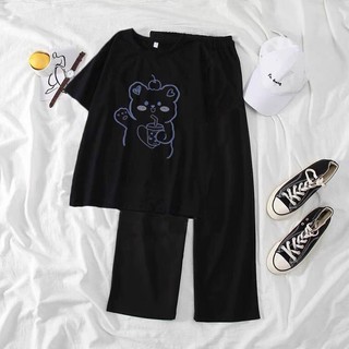 Sét Áo Gấu uống sữa  quần suông đen, Đồ UNISEX nam nữ mặc ở nhà và đi chơi, chất đẹp, mặc không xù -  DVGIT