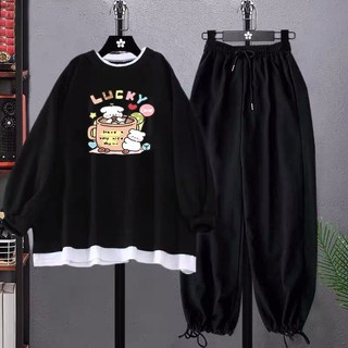 Sét áo nỉ phối gấu trắng Cún Lucky và quần bomber, Áo nỉ ấm, from rộng mặc thoải mái, không xù DVGIT