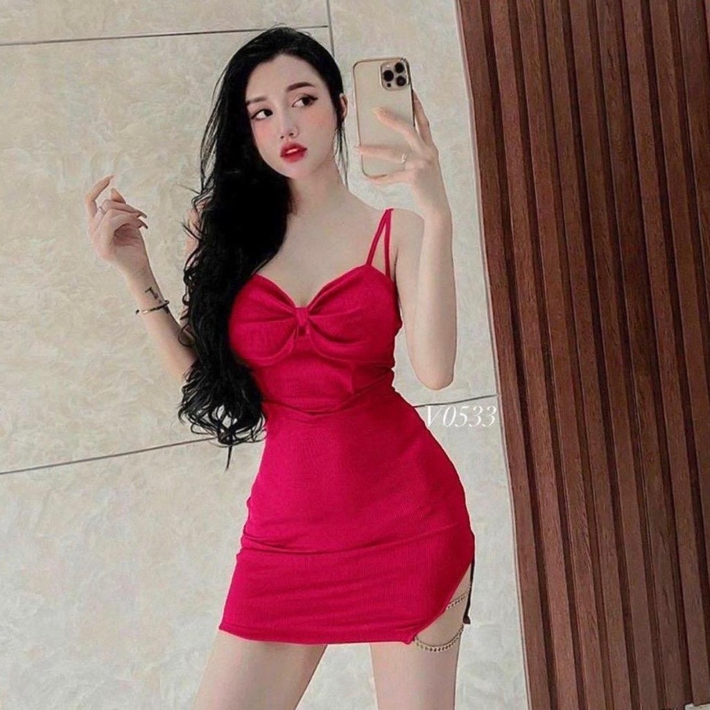 Đầm Body 2 Dây Kiểu Nơ Khoét eo Phối Xích có mút