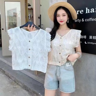 Mx Pháp Cổ Chữ V Không Tay Áo Sơ Mi Jacquard Nữ Mùa Hè 2024 Phong Cách Mới Ngọt Ngào Tính Khí Giảm Tuổi Áo Vest Một Tay Top MX 24613