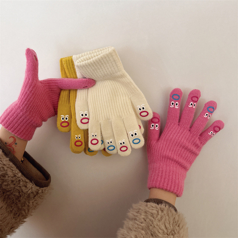 Inspring 1 Nữ Ngộ nghĩnh Mặt Biểu Hiện Găng Tay Dệt Kim Full Ngón Găng Tay Móc Mềm Găng Tay Hoạt Hình Biểu Hiện Lái Xe Găng Tay Mới