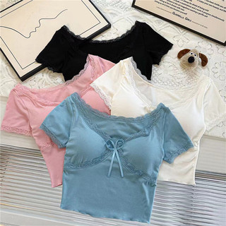 Áo thun croptop Forgirl cổ tròn đính nơ viền ren