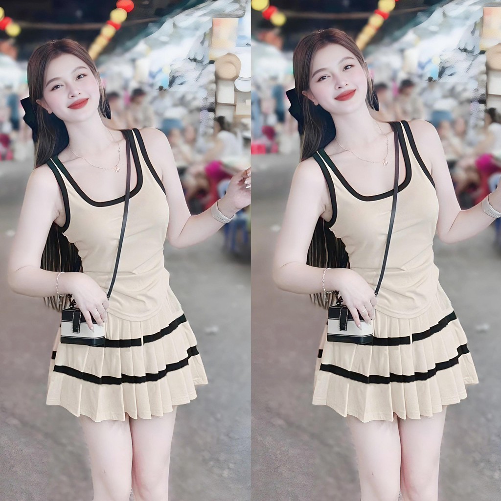 Set Bộ Đồ Nữ Áo Ba Lổ Dáng ôm Body Phối Viền Vạt Lượn Mix Chân Váy Xếp Ly Quần Sọc Ngang Có Lót Trong Thun Tăm 40-95kg | BigBuy360 - bigbuy360.vn