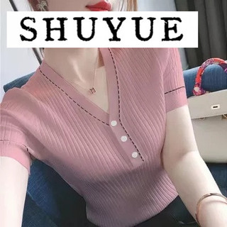 Áo thun nữ tay ngắn bằng vải lụa cổ chữ V