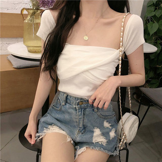 Đầm Mùa Hè 2022 Phong Cách Mới Thiết Kế Pháp Chữ Thập Xương Cổ Vuông Slim-fit Ôm Hơn Nhìn Hai Tay Dệt Kim Ngắn T @