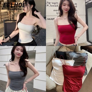 Dây sando Crop Top Rib Đan Tank Top Tube Hàn Quốc Tank Top, Áo hai dây mỏng xếp li, màu trơn, Thích hợp cho nữ Áo Vest Hot Girl