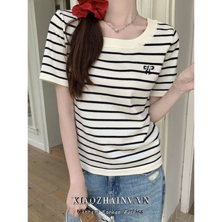 Xiaozhainv Đen Thêu Nơ Cổ Tròn Đan Áo Thun Tay Ngắn Mùa Hè Mới Slim Fit Casual Top