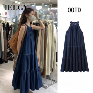 IELGY Denim váy dài không tay dáng rộng váy xích đu cổ lệch vai váy thời trang