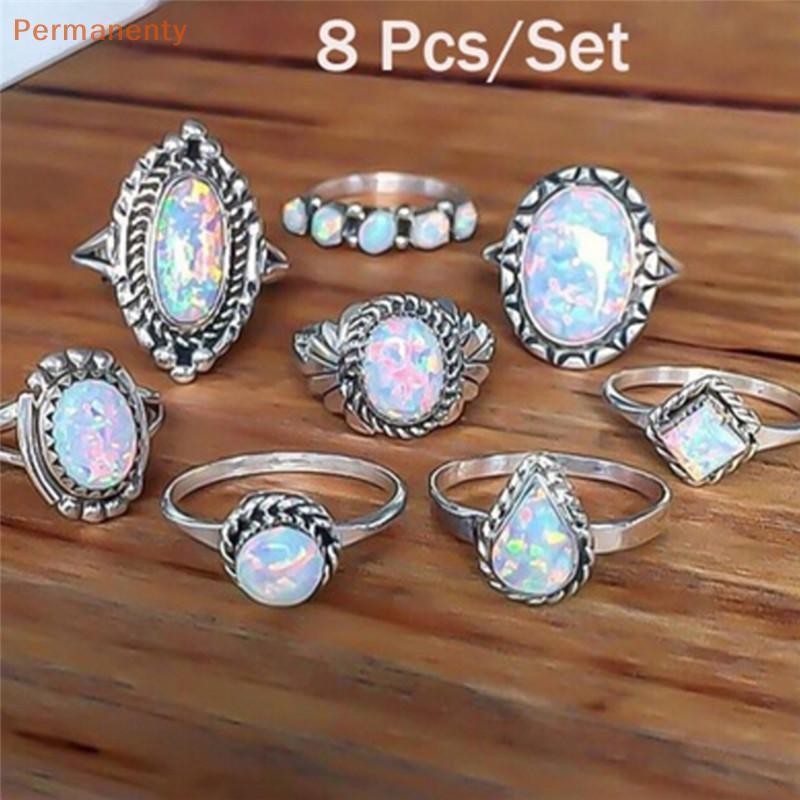 [Permanenty] 8 Cái / bộ Nhẫn Bạc Trắng Lửa Opal Nhẫn Cưới Nhẫn Đính Hôn Nữ Trang Sức