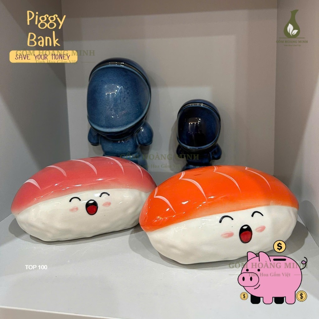 Heo Tiết Kiệm - Sushi Cá Hồi , Cá Ngừ đựng tiền tiết kiệm dài 17cm - Gốm Bát Tràng