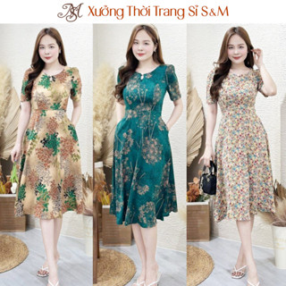 (Size M-3XL) Đầm xòe họa tiết hoa, cổ giọt nước, đính nút, có túi S&M trung niên tặng mẹ GR0279 (Hình thật shop chụp)