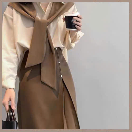 [ĐỦSIZE 38-80kg] Set Áo Sơ Mi Phối Vạt Mix Chân Váy Dài Nâu Tây