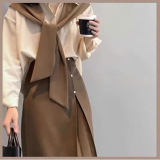 [ĐỦSIZE 38-80kg] Set Áo Sơ Mi Phối Vạt Mix Chân Váy Dài Nâu Tây