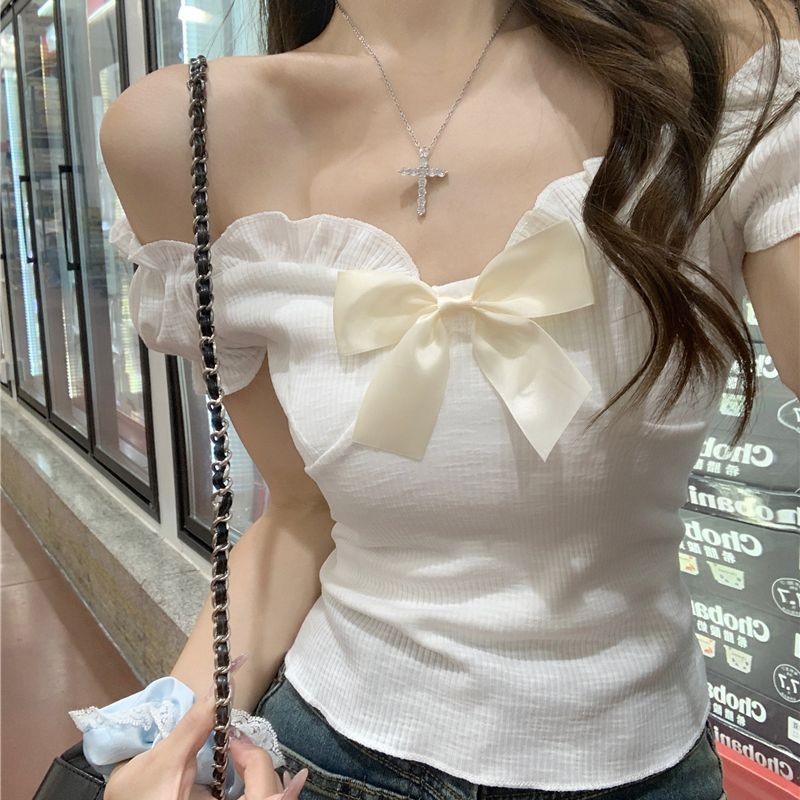 [Zestiva] Áo thun ngắn tay Vai trước Nơ đen Slim-fit Đơn giản phù hợp