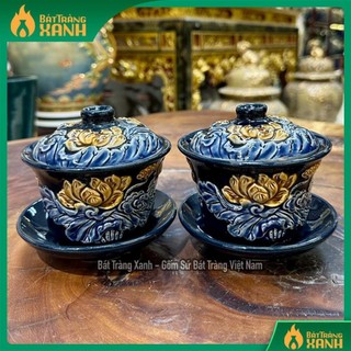 Bát sâm men xanh coban đắp nổi bát tràng, bát sâm thờ cúng phong thuỷ