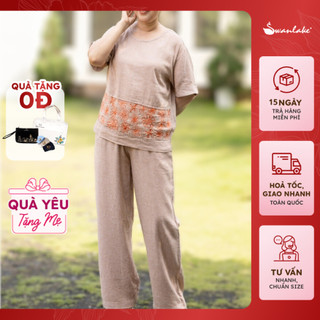  - Set Đồ Bộ Trung Niên Nữ Áo Cổ Tròn Quần Dài Vải Linen Thêu Họa Tiết Hoa Tặng Mẹ Bà Swanlake - B11340