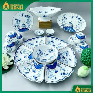 Bộ bát đĩa hoa mặt trời Bát Tràng họa tiết hoa sen đầm men kem - Hàng vẽ tay - Bộ đồ ăn, bộ bát đĩa thờ cúng gia tiên