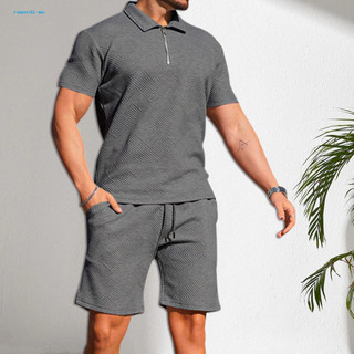 Rewordi Nam Mặc Thường Ngày Nam Áo Thun Bộ Quần Short Nam Mùa Hè Trang Phục Ve Áo Dây Kéo Nửa Placket Áo Thun Co Giãn Dây Rút Quần Short Bộ Màu Trơn Họa Tiết Jacquard Với Rộng