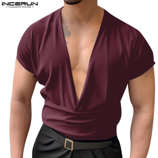 Áo thun ngắn tay cổ chữ V thiết kế không cổ chữ V thời trang dành cho nam INCERUN