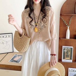 Áo Sơ Mi Nữ Mùa Hè 2024 Phong Cách Mới Rời Cổ Chữ v Áo Chui Đầu Thêu Giữa Tay Áo Sơ Mi Cho Bé Top