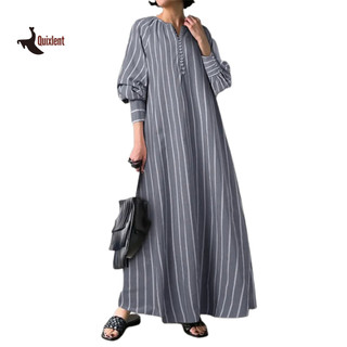 QUIXLENT  Nút Cổ Tròn Nửa Placket Đầm Baggy Tay Dài Túi Chiều Dài Mắt Cá Chân Nữ Sọc