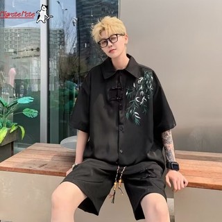 Mới Phong Cách Trung Quốc Tre Thêu Áo Sơ Mi Nam Phong Cách Cổ Đại Đường Phù Hợp Với Nút Áo Sơ Mi Tay Ngắn Loại Rời