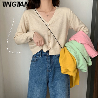 Tingtianopen cardigan cổ ngắn tay hình chữ V dài tay màu trơn giản dị dành cho nữ Hàn Quốc 0016