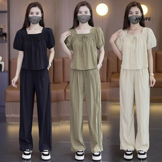 Ayyufe 2 Cái / bộ Quần Nữ Top Bộ Màu Trơn Xếp Ly Tay Ngắn Nơ Cổ Vuông Top Ống Rộng Co Giãn Quần Eo Thường Ngày Trang Phục Nữ