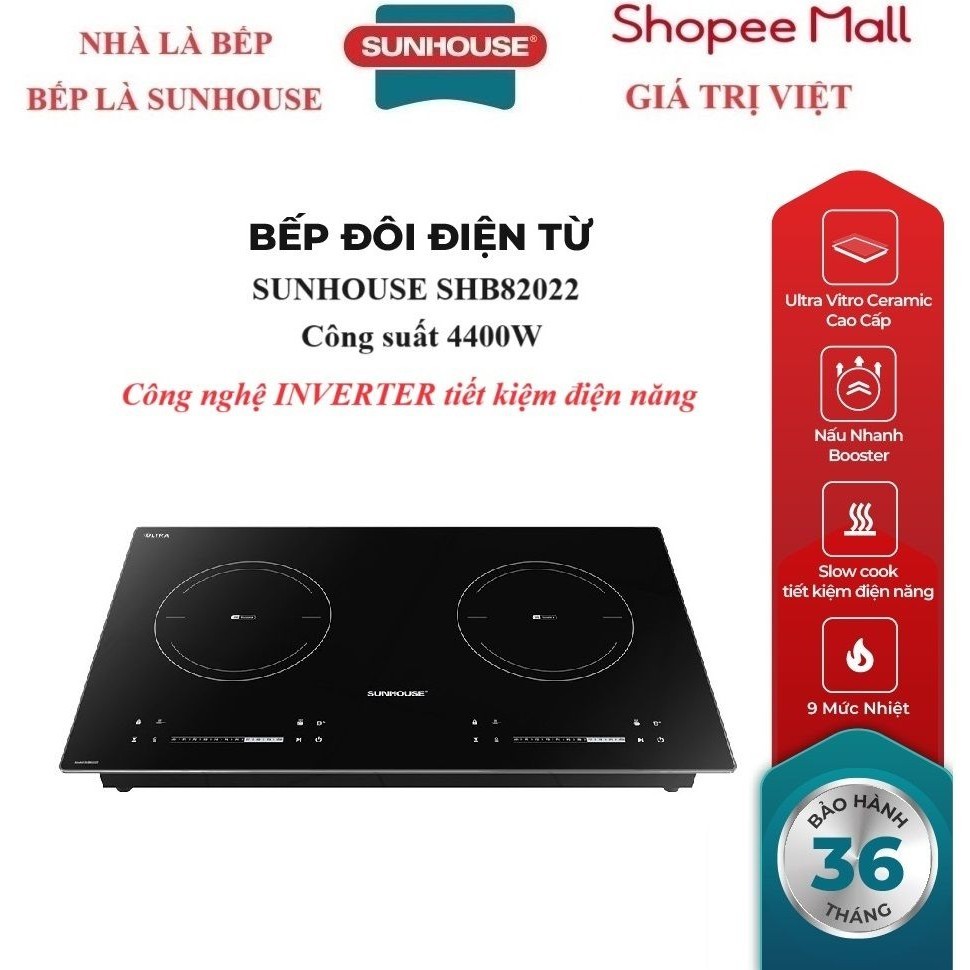 BẾP ĐÔI ĐIỆN TỪ SUNHOUSE SHB82022  - Booster nấu nhanh - 9 mức chỉnh, có tính năng slow cook - Mặt k