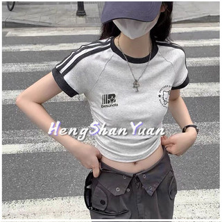 Heng Shan Yuan Áo thun nữ dây rút eo ngắn tay cổ tròn áo thun top