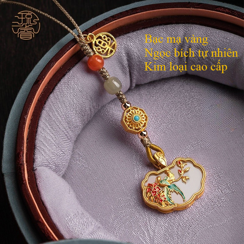 Qiong Rui Ngọc Hetian tự nhiên lông mày hạnh phúc trên đầu dây chuyền điện thoại di động  vàng dát n