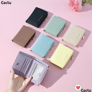 Ví ngắn cactu, ví gấp màu trơn da pu, dây kéo gấp tiền xu ngắn ví nữ