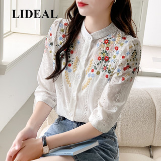 Mùa hè 2024 Phong cách mới Áo sơ mi Jacquard thêu cổ điển, Áo sơ mi nhỏ cổ đứng phù hợp thời trang, nổi bật hương vị độc đáo "V5EM
