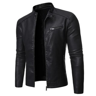 Áo khoác nam Áo khoác da màu đen Cổ áo dài tay mùa xuân thu xu hướng thời trang Hàn Quốc Slim Fit Áo khoác xe máy thông thường