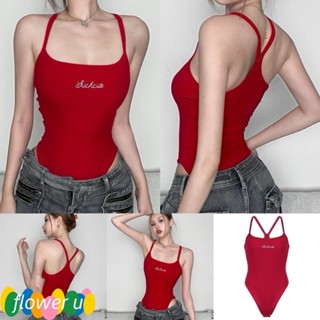 (Vận Chuyển Từ Hà Nội) Bộ Đồ Liền Thân Nữ Không Tay Mùa Hè Áo Hở Lưng Cổ Vuông Áo Liền Quần Thêu Chữ