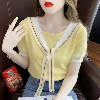 Màu Sắc Tương Phản Sọc Cà Vạt Băng Lụa Mỏng Dệt Kim Ngắn Tay Nữ Mùa Hè Pháp Retro Rời Ngắn Top Giảm Tuổi Dễ Thương Cổ Hải Quân Phối Ren Áo Thun Ngắn Tay KISE
