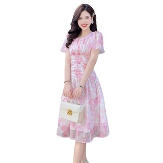 Váy hoa ôm xòe dáng qua gối hai lớp cộc tay chất liệu tơ mềm nhẹ mát V232