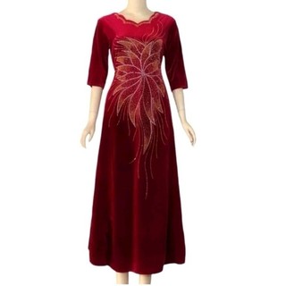 Đầm  nhung trung niên đính đá hình lá, Đầm  trung niên nhung đính đá, váy đầm trung niên cao cấp, đầm trung niên giá sỉ