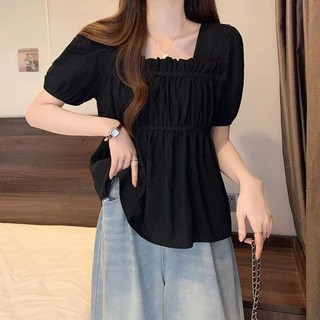 Xuân Thu Phong Cách Mới Tay Phồng Cổ Vuông Áo Sơ Mi Nữ Rời Giảm Béo Tay Ngắn Hàng Đầu Maila Có Bụng Và Ẩn Mỡ