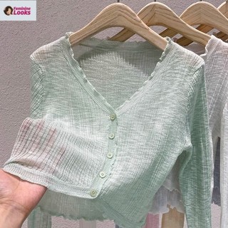 Áo len dệt kim cổ chữ v chống nắng phong cách mỏng Áo len dệt kim màu trơn ngắn EBDE