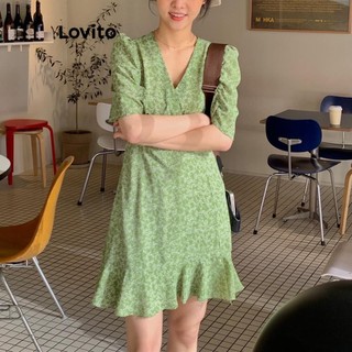 Đầm Lovito xếp nếp hoa văn đơn giản cho nữ LNE54135