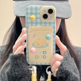 Dễ Thương 3D Sóng Chấm Xanh checkered Phô Mai Cardbag Dây Buộc Mềm TPU Dành Cho iPhone 11 12 13 14 15 Pro Max 14 15 Plus Nữ Cô Gái Quà Tặng Thời Trang