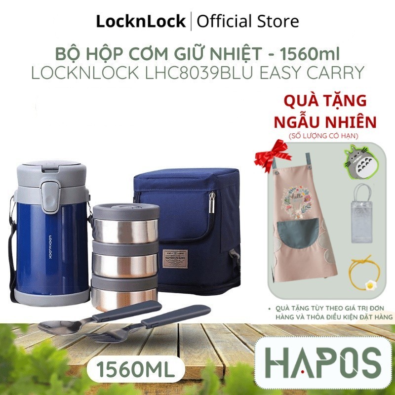 Bộ hộp cơm giữ nhiệt 3 ngăn 2 lít LocknLock Chính hãng, giữ nhiệt lâu LHC8039 - Kèm túi đựng, muỗng nĩa - HAPOS OFFICIAL